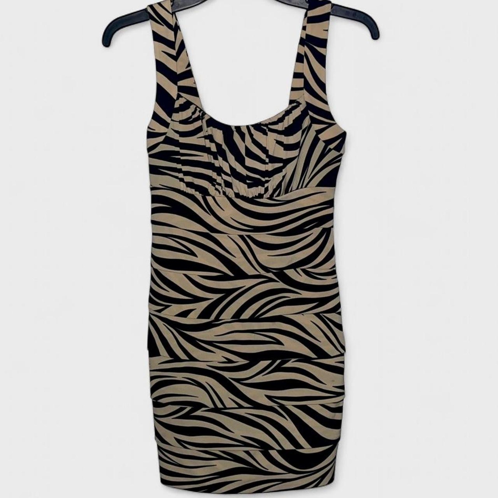 Sweet Storm Beige Black Zebra Print Square Sleeveless Bodycon Dress - Size M